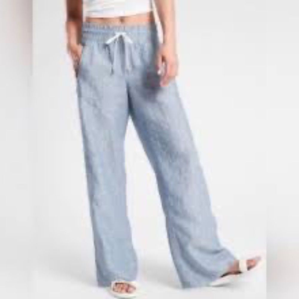 Athleta Cabo 100% Linen Heather Blue Wide Leg Pants Sz 8